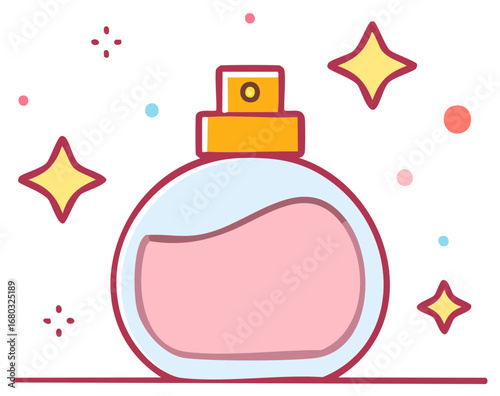 Sparkling pink perfume bottle with golden cap and abstract stars on white background