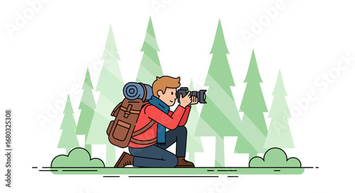 Adventurous Photographer Capturing Nature's Beauty In A Serene Forest Setting