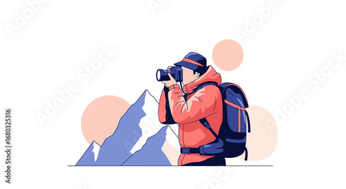 Adventurous Photographer Capturing Mountain Views With A Backpack During The Sunrise