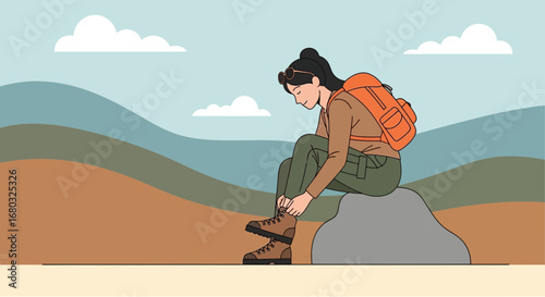 Adventurer Resting, Tying Hiking Boots, Ready To Explore Breathtaking Nature Scenery