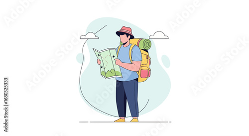 Adventurer Reviewing Map During Journey With Backpack Under Clear Sky No Camera Required