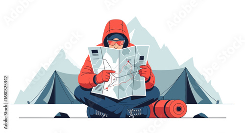 Adventurer Reviews Topographical Map Preparing Route for Adventure Surrounded by Camp and Nature