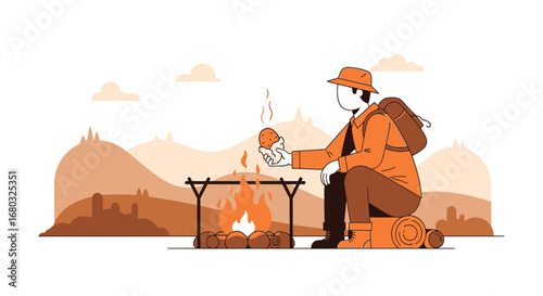 Adventurer Roasting Food Beside Campfire Under Soft Light in Beautiful Mountainous Landscape