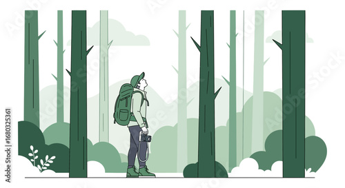 Adventurous Photographer Navigating Verdant Forest, Capturing Lush Foliage, Seeking Nature's