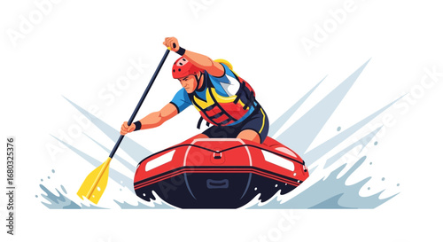 Adventurous Rafter in Raft Navigating Turbulent Waters with Paddle and Protective Gear