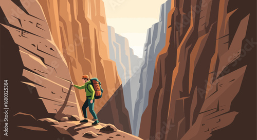 Adventurer Scaling Cliffside, Exploring Majestic Canyon Wilderness With Backpack During Daylight