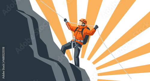 Adventurous Rock Climber Ascending a Granite Formation with Radiant, Energetic Backdrop