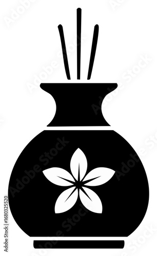 Stylized illustration of an incense burner with a flower design and incense sticks.