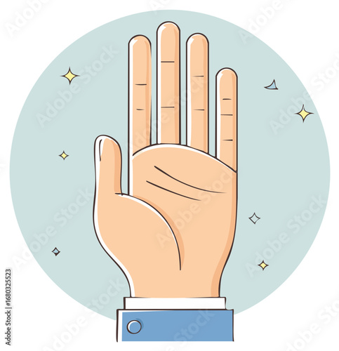 Hand reaching out in a gesture of greeting or request on a light blue background.