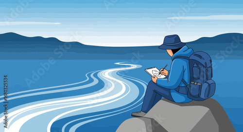 Adventurer sketching a scenic view of the calm lake in nature, illustration.