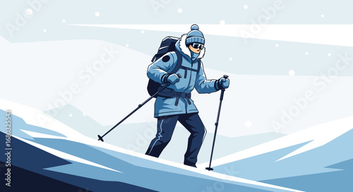 Adventurer Skis Down Snowy Mountain Slope, Winter Scene, Cold Weather Activities