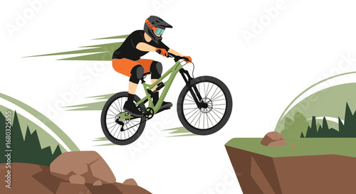 Adventurous Rider Executes Mountain Bike Jump Over Cliff, Embracing Extreme Sport Challenge