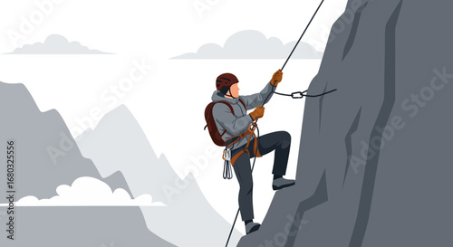 Adventurous rock climber ascending a mountain illustration vector graphic concept art