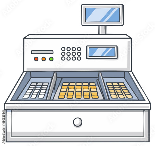 Cash Register with Currency Inside Cartoon Illustration Style Retail Business