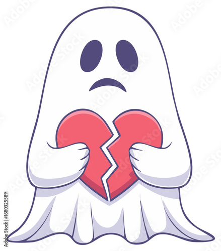 Sad ghost holding a broken heart in cartoon style