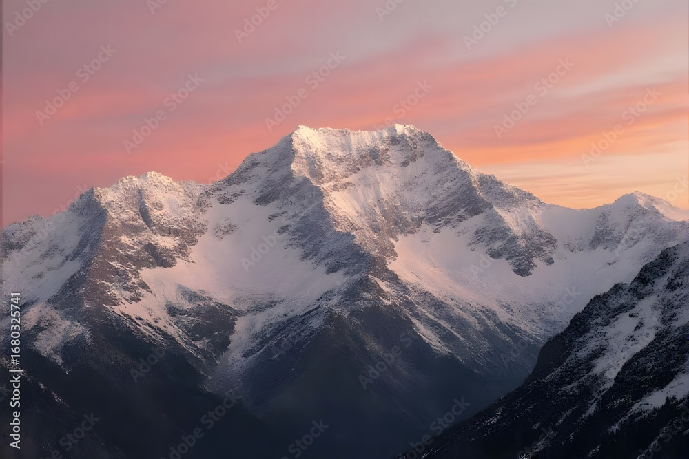Obraz premium Majestic snow-capped mountain at sunset.