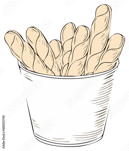 Hand Drawn Breadsticks Illustration in Bucket. Design element and vector illustration. Food concept.