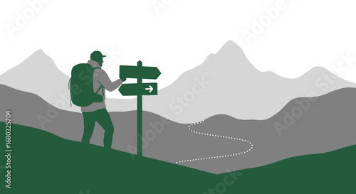 Adventurer Stands Before Trail Sign, Choosing Path With Majestic Mountain Scenery