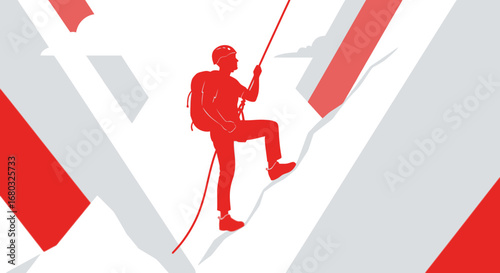 Adventurous Silhouette Ascending Mountain, Red Figure Against White And Grey Background