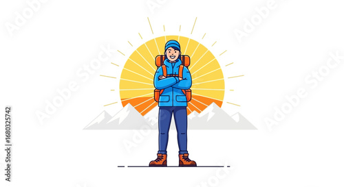 Adventurer Stands Proudly Observing The Mountains at Sunrise Ready To Conquer The Terrain