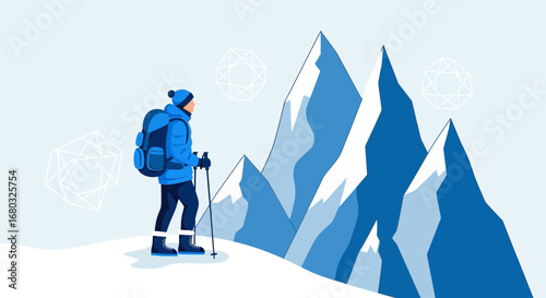 Adventurer Staring At Mountains In Preparation For An Ascent, Extreme Adventure, Concept