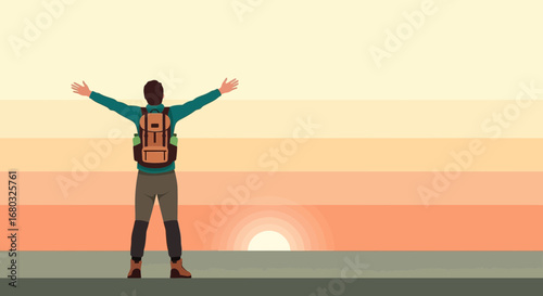 Adventurer Stands With Open Arms, Celebrating Freedom Beneath Golden Sunrise