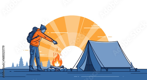 Adventurer Starting Campfire Near Tent at Sunset in the Wilderness of Nature's Bliss