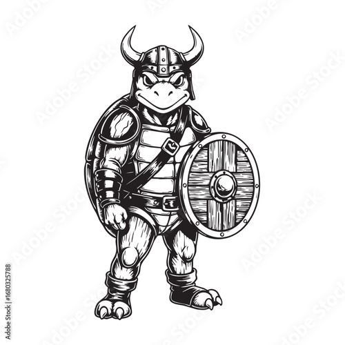 A formidable turtle viking isolated on white background, clad in horned helmet and armor, wielding a shield, ready for battle in a fantasy world