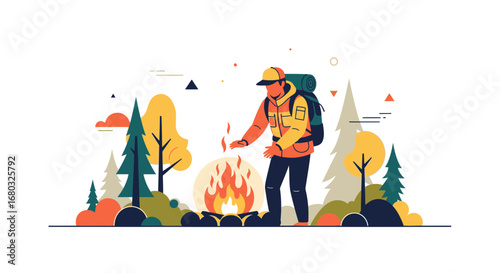 Adventurer Starting a Fire in Nature's Embrace and Enjoying a Moment of Solitude