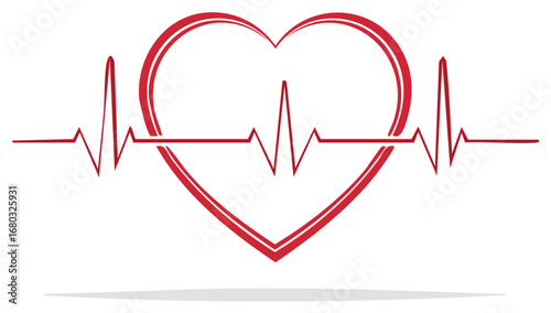 Red heart and heartbeat line on white background. Cardiovascular and healthcare concept.