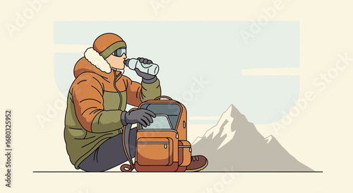 Adventurer Taking Drink Break By Pack With Mountain Backdrop At High Altitude