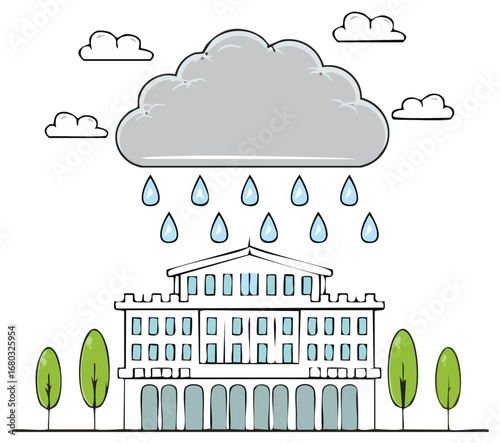 Raining cloud over building, architectural facade with trees illustration, weather forecast design, rain drops, weather.