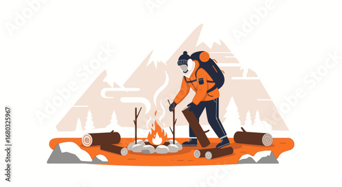 Adventurer Tending Bonfire In The Wilderness Preparing For Camp In The Mountains