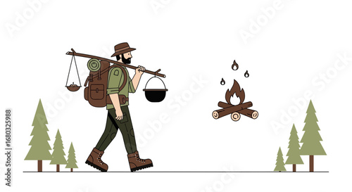 Adventurer Traversing Wilderness Bearing Campfire Supplies and Essentials
