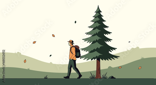Adventurer Walking Beside Evergreen Tree In Serene Natural Landscape Scene on Earth