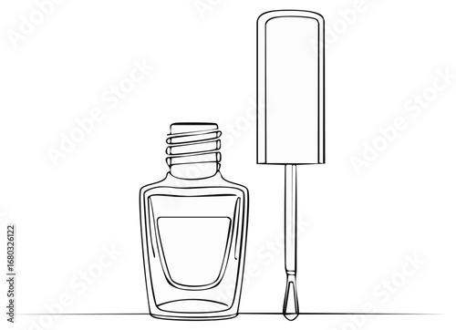 Minimalist line art drawing of a nail polish bottle and applicator on white background