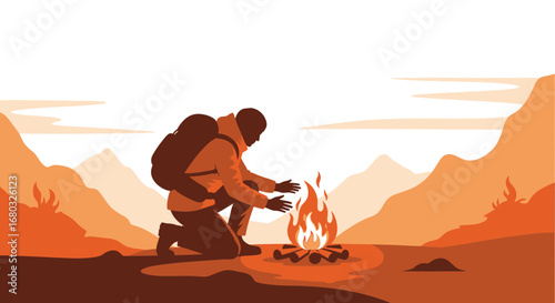 Adventurer Warming Hands by Campfire After Reaching Mountain Peaks in Scenic Landscape