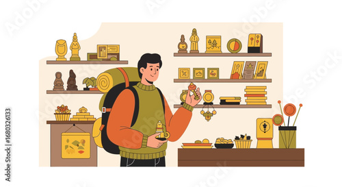 Adventurous Traveler In A Shop Examining Souvenirs With Backpack Ready For Exploration
