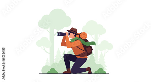 Adventurous Traveler Observing Nature Through Binoculars Amidst Green Forest Scenery