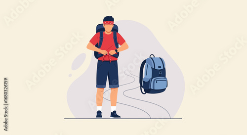 Adventurous Traveler Prepares Backpack on Journey Trail Going Hiking Or Trekking