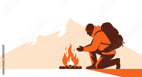 Adventurer Warming Up Beside the Campfire in Front of the Mountainous Landscape