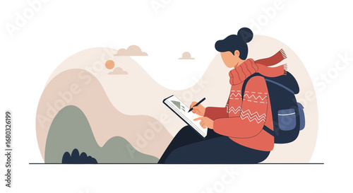 Adventurous Traveler Sketching Scenic Views Amidst Serene Natural Vistas Perfectly