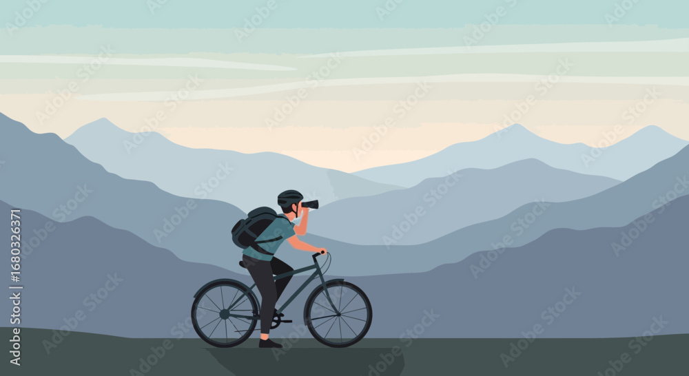 Fototapeta premium Adventurous Biker Gazing Through Binoculars While Exploring Mountainous Terrain at Sunset