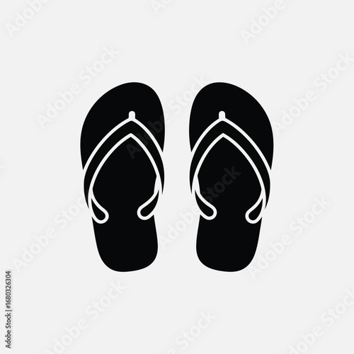 Vector art of a pair of black flipflop sandals with white outlines, isolated on a light gray background, symbolizing summer and casual wear