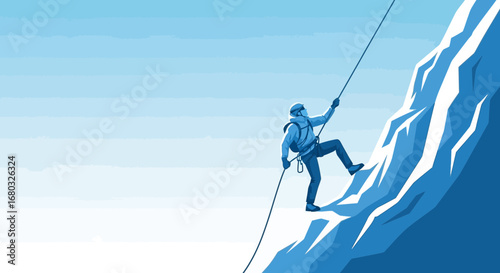 Adventuresome Mountaineer Ascends An Icy Mountain, Bravely Striving For The Peak