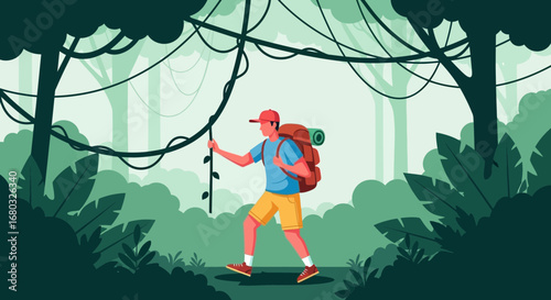 Adventuring Explorer In Lush Green Jungle Traversing With Rucksack Exploring Nature