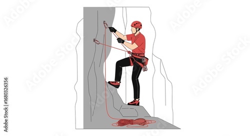 Adventurous And Determined Rock Climber Scaling Rocky Terrain Reaching The Summit With Focus