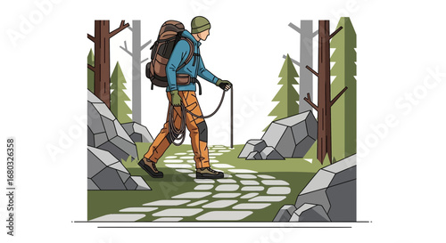 Adventurous Trekker Journeying Through Forest Path On A Sunny Day Of Exploration