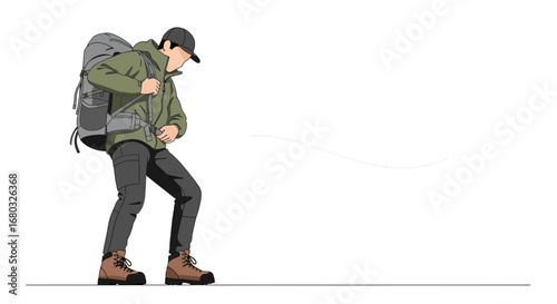 Adventurous Backpacker Prepares for Hiking with Large Backpack on Isolated White Background