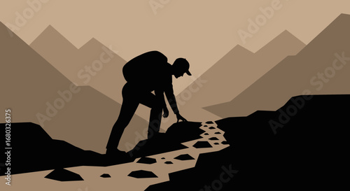 Adventurous Trekker Ascends Rocky Terrain Under Majestic Mountain Ranges